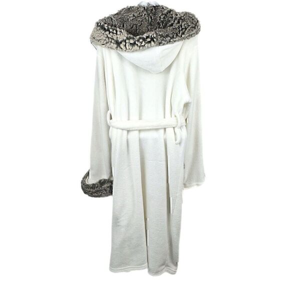 Vegan Pottery Barn Spa Comfy Faux Fur Wrap Around Tie Fleece Robe w Hood, Sz. L - Picture 3 of 11